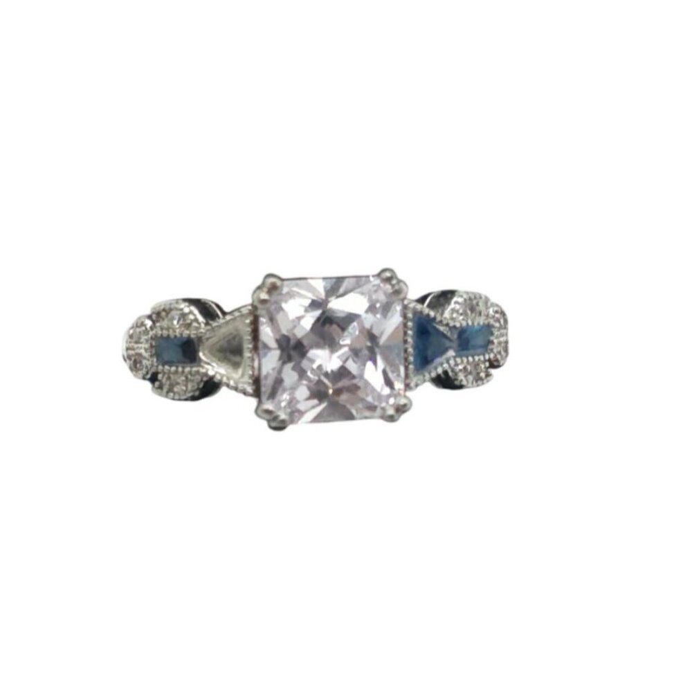 925 Sterling Silver Ring With Clear & Blue Stones Size 6 Art Deco Style - Picture 2 of 3